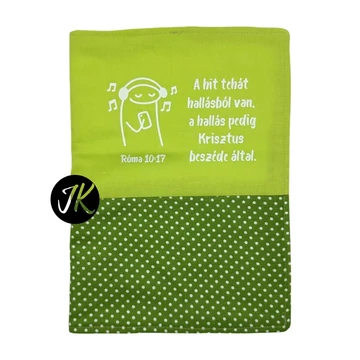A hit hallásból van, a hallás pedig Krisztus beszéde által. Róma 10,17 - bibliaborító textil anyagból EFO / RÚF méretre VILÁGOS-SÖTÉTZÖLD PÖTTYÖS