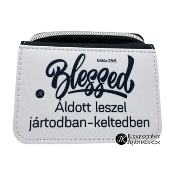 Blessed - Áldott leszel jártodban - keltedben - igés, keresztény feliratos NŐI, fekete, textil pénztárca ( bankkártya tartós, aprópénz fakkos ) + videós bemutató