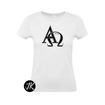 Alfa és Omega - igés, mintás, keresztény feliratos, kereknyakú női póló, FEHÉR színben XS - 2XL méretben ( S )