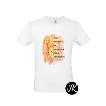 Íme, győzött az oroszlán Júda törzséből - igés, keresztény feliratos, férfi póló, fehér színben ( oroszlános ) XL, 2XL