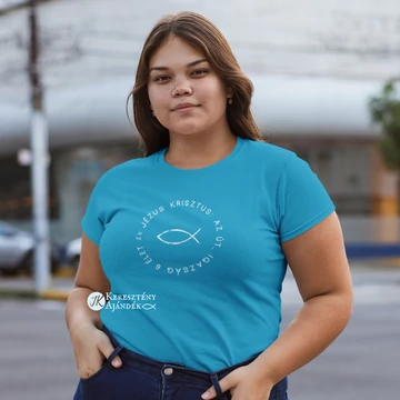 Jézus Krisztus az út, igazság és élet - igés, keresztény feliratos, kereknyakú női póló, kék színben XS - 2XL (2XL)