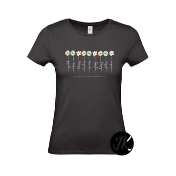 A Lélek gyümölcse (Gal. 5,22-23) - igés, keresztény feliratos, kereknyakú női póló ( fekete színben )  XS - 2XL méretben ( S )