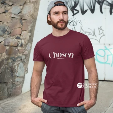 Chosen (választott) - igés, keresztény feliratos, kereknyakú férfi póló ( burgundy bordó színben, fehér felirattal ) 2XL