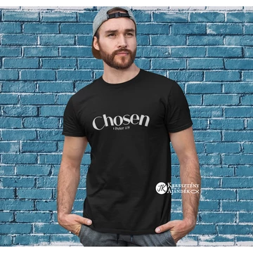 Chosen (választott) - igés, keresztény feliratos, kereknyakú férfi póló ( fekete színben, fehér felirattal ) 2XL