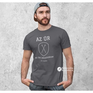 Az Úr az én pásztorom 23.Zsoltár - igés, mintás, keresztény feliratos, kereknyakú férfi / unisex póló, SZÜRKE 3XL