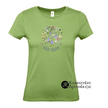 Hálás vagyok - igés, mintás, keresztény feliratos, kereknyakú női póló, VILÁGOSZÖLD színben XS - 2XL méretben ( S )