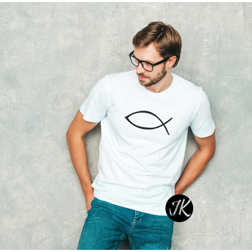 Halas ( Ichthys ) - igés, keresztény feliratos, férfi póló, fehér színben + fekete mintával S - XL