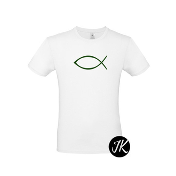 Halas ( Ichthys ) - igés, keresztény feliratos, férfi póló, fehér színben + sötétzöld mintával S - 3XL