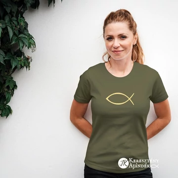 Halas ( Ichthys ) - igés, keresztény feliratos, kereknyakú, női póló, khaki színben, arany színű hallal XS - 2XL