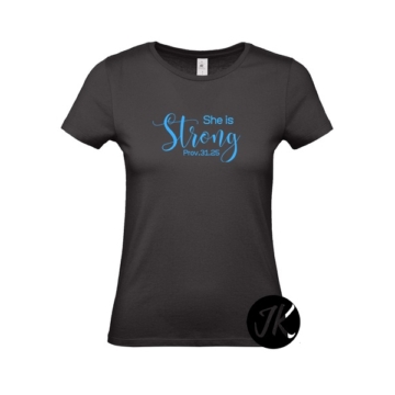 She is strong - igés, keresztény feliratos, kereknyakú női póló, kék - fekete színben XS, L, XL, 2XL