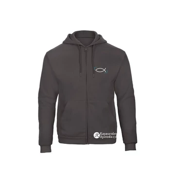 Halas (Ichthys)-zipzáras,kapucnis,keresztény feliratos,unisex pulóver SZÜRKE utolsó S méret