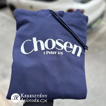 PRÉMIUM pulcsi: CHOSEN - igés, keresztény feliratos, kapucnis, bebújós pulóver, FÉRFI fazon, sötétkék színben 2XL méretben, fenntartható pamutból