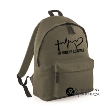 Hit Remény Szeretet - keresztény feliratos,igés hátizsák, iskolatáska ( khaki zöld ) 