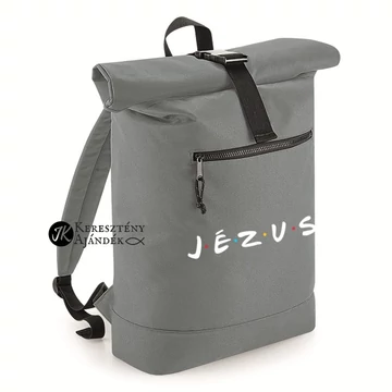 Jézus ( á la Friends aka Jóbarátok ) - igés, keresztény feliratos csavart tetejű, ( rolltop ) hátizsák SZÜRKE