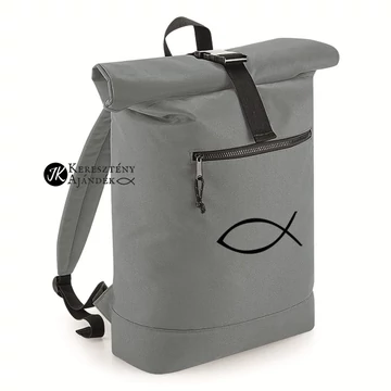 Ichthys ( halas ) - igés, keresztény feliratos csavart tetejű, ( rolltop ) hátizsák SZÜRKE