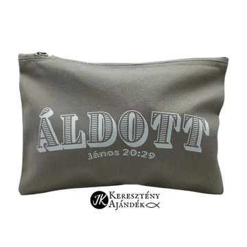 Áldott - János 20:29 - keresztény feliratos, cipzáras, vászon neszeszer, NAGY - SZÜRKE ( L méret )