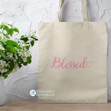 Blessed - igés, keresztény feliratos, hosszúfülű vászontáska NATÚR színben, rózsaszín felirattal