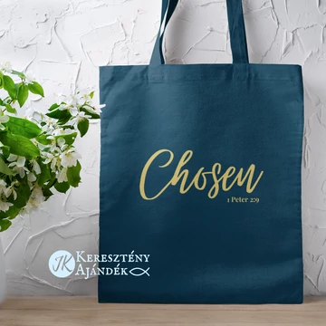 Chosen (kiválasztott) - igés, keresztény feliratos, hosszúfülű vászontáska PETROLKÉK arany felirattal