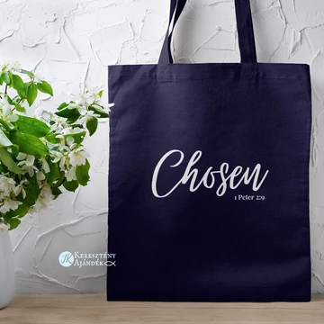 Chosen (kiválasztott) - igés, keresztény feliratos, hosszúfülű vászontáska SÖTÉTKÉK, fehér felirattal