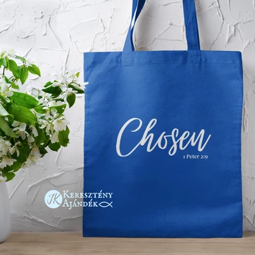 Chosen (kiválasztott) - igés, keresztény feliratos, hosszúfülű vászontáska KIRÁLYKÉK fehér felirattal