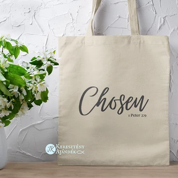 Chosen (kiválasztott) - igés, keresztény feliratos, hosszúfülű vászontáska SÖTÉT SZÜRKE fekete felirattal