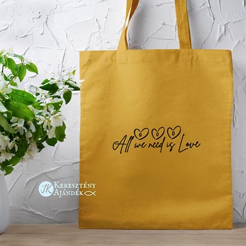 God - All we need is love - igés, keresztény feliratos, hosszúfülű vászontáska MUSTÁRSÁRGA színben