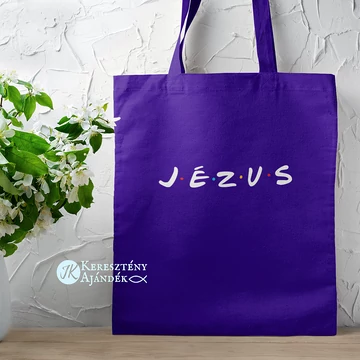 JÉZUS á la Friends / Jóbarátok - igés, keresztény feliratos, hosszúfülű vászontáska LILA