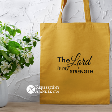 The Lord is my strength - igés, feliratos, keresztény vászontáska ( MUSTÁRSÁRGA )