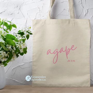 Agape Jn3:16 - igés, keresztény feliratos, hosszúfülű, vászontáska NATÚR ( rózsaszín mintás )