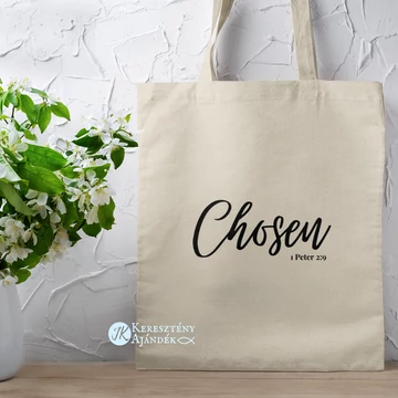 Chosen (kiválasztott) - igés, keresztény feliratos, hosszúfülű vászontáska NATÚR fekete felirattal