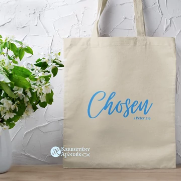 Chosen (kiválasztott) - igés, keresztény feliratos,  hosszúfülű vászontáska (NATÚR kékkel)