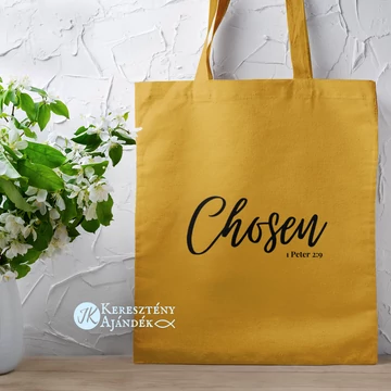 Chosen (kiválasztott) - igés, keresztény feliratos, hosszúfülű vászontáska MUSTÁRSÁRGA