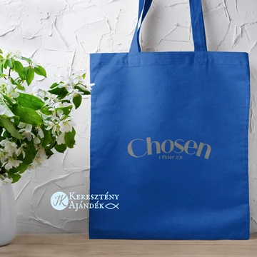 Chosen (kiválasztott) - igés, keresztény feliratos, hosszúfülű vászontáska KIRÁLYKÉK, szürke felirattal