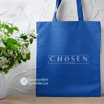 Chosen - not forsaken ( kiválasztott - nem elhagyott ) - igés, keresztény feliratos, hosszúfülű vászontáska KIRÁLYKÉK világoskék felirattal