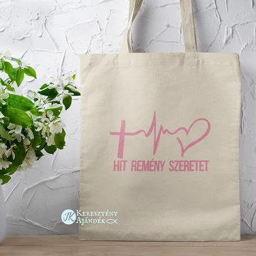 Hit Remény Szeretet - igés, keresztény feliratos, hosszúfülű vászontáska NATÚR rózsaszín felirattal