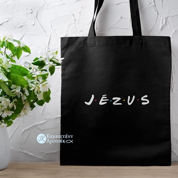 JÉZUS á la Friends / Jóbarátok - igés, keresztény feliratos, hosszúfülű vászontáska FEKETE