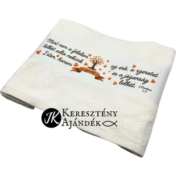 ÚJDONSÁG! Szeretet - Mert nem a félelem lelkét adta nekünk Isten - igés, keresztény feliratos, FEHÉR törülköző, mintás bordűrrel 50x100 cm ( szívecskés ) 