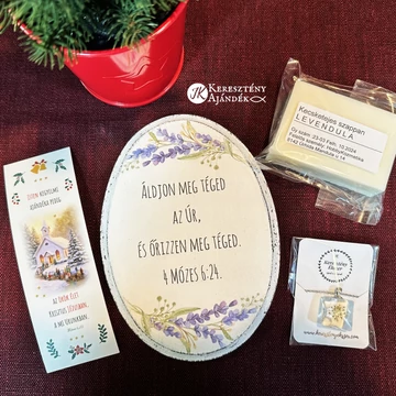 Mirjam - karácsonyi ajándékcsomag, NŐI összeállítás ( igés, keresztény feliratos ajándékokkal ), karácsonyi mintás, celofán zacskóban