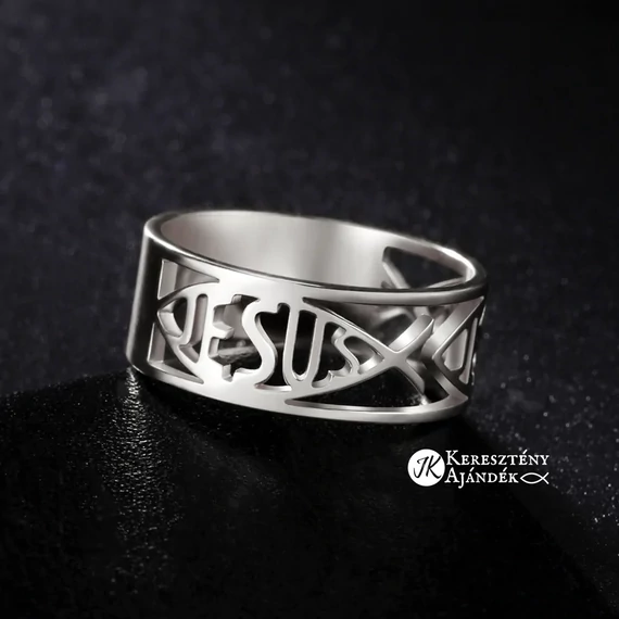 Jesus, Ichthys - igés, ezüst színű, keresztény feliratos / szimbólumos nemesacél gyűrű (több méretben) EU 48
