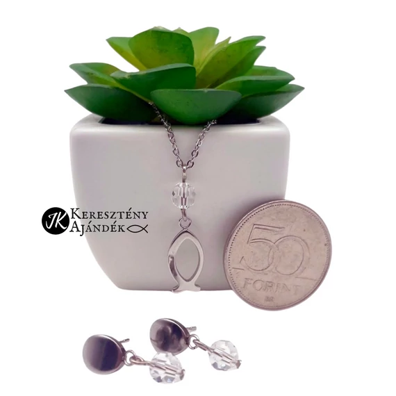 Ichthys ( halas ) medál, swarovski kristállyal - keresztény, nemecacél, swarovski krisztályos, ékszer szett (nyaklánc+fülbevaló) ÁTLÁTSZÓ KRISTÁLY