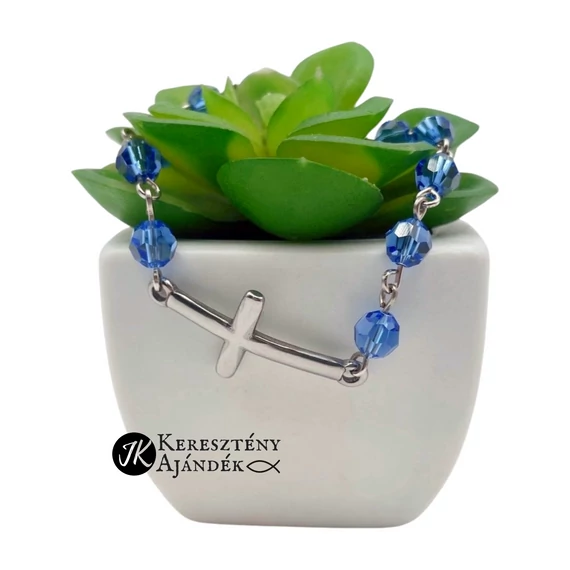 Keresztes, nemesacél, swarovski kristály gyöngyös, karkötő, állítható méret (KIRÁLYKÉK)