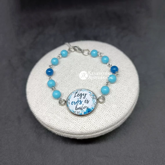 Légy erős és bátor- igés, keresztény,üveglencsés nemesacél szett, swarovski gyöngyös karkötővel