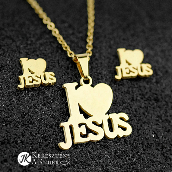 I love Jesus, igés, arany színű, keresztény feliratos, nemesacél szett