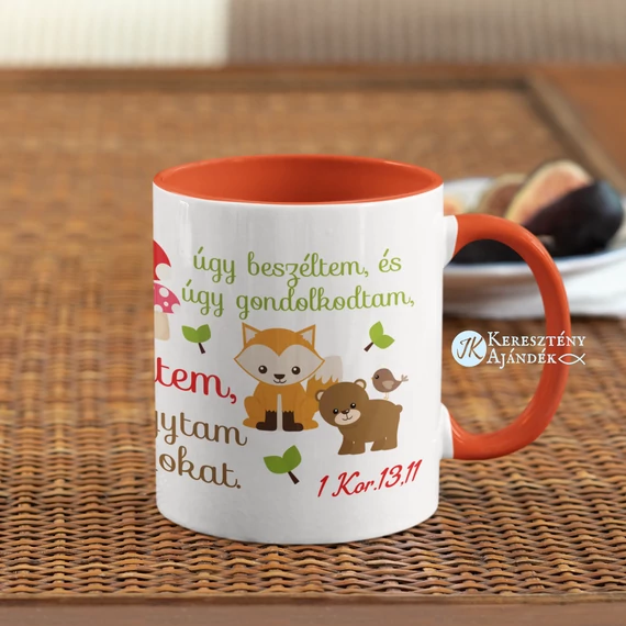 Amikor gyerek voltam, úgy beszéltem, és úgy gondolkodtam, mint a gyerekek....1Kor. 13,11 -  igés, keresztény feliratos, kerámia bögre 330 ml NARANCSSÁRGA