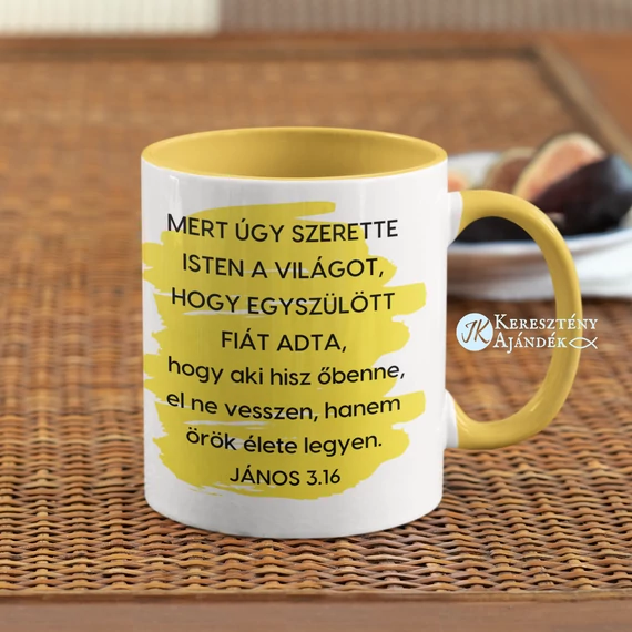 Mert úgy szerette Isten a világot - igés, keresztény feliratos, kerámia bögre 330 ml CITROMSÁRGA