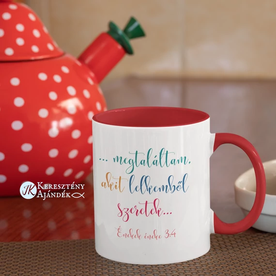 Megtaláltam, akit lelkemből szeretek - igés, keresztény feliratos, kerámia bögre 330 ml PIROS