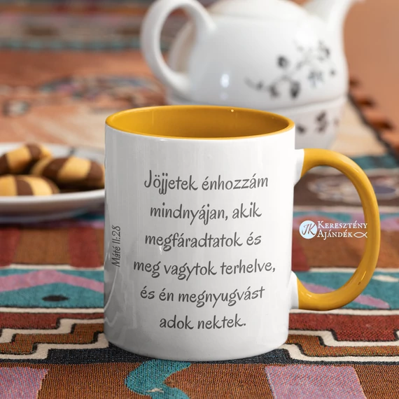 Jöjjetek énhozzám mindnyájan, akik megfáradtatok - igés, keresztény feliratos, kerámia bögre 330 ml NAPSÁRGA