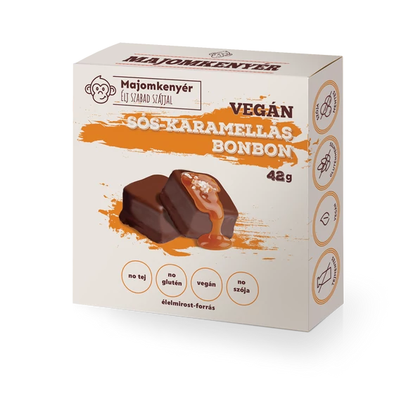 Sós-karamellás bonbon 42g - gluténmentes, tejtermék felhasználása nélkül készült, tojásmentes, vegán bonbon, cukorral és rizssziruppal édesített