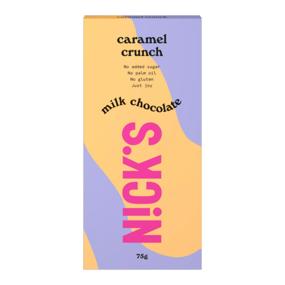 Nick's táblás csoki: karamellás tejcsoki - ropogós mandula grillázs darabokkal - glutén - és cukormentes 75 gr