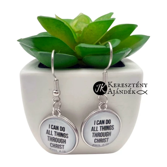I can do all things through Christ-nikkelmentes, ezüst színű, üveglencsés, lógós fülbevaló